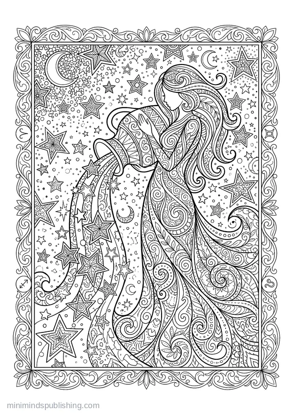 Aquarius Water Bearer Pouring a Stream of Stars — free printable coloring page