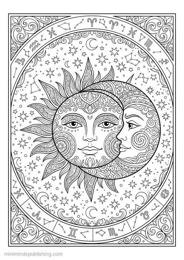 Sun Face and a Moon Face Side by Side — free printable coloring page