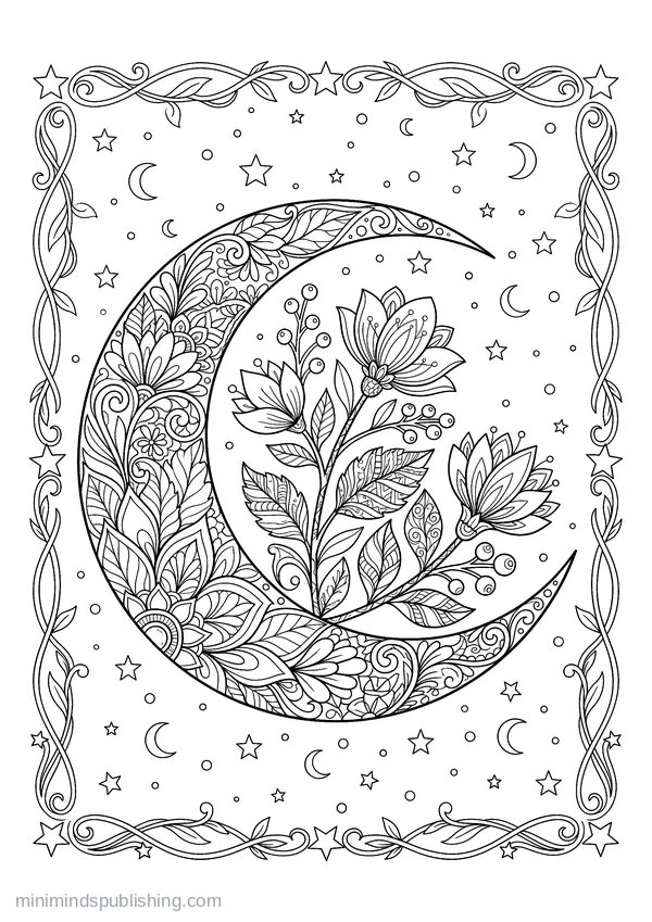 Crescent Moon Cradling Botanical Branches — free printable coloring page