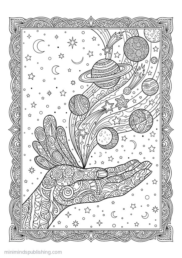 Open Hand Releasing Planets and Stars — free printable coloring page