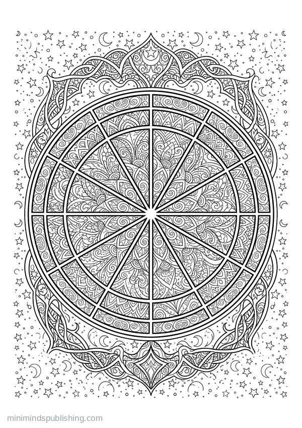 Astrological Birth Chart Wheel Divided into Twelve Houses — free printable coloring page
