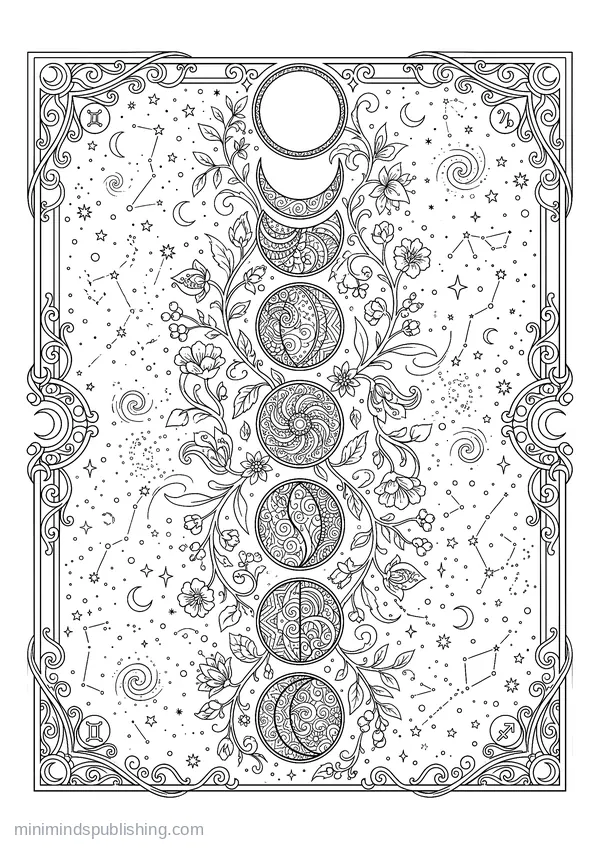 Eight Phases of the Moon in a Vertical Column with Vines — free printable coloring page