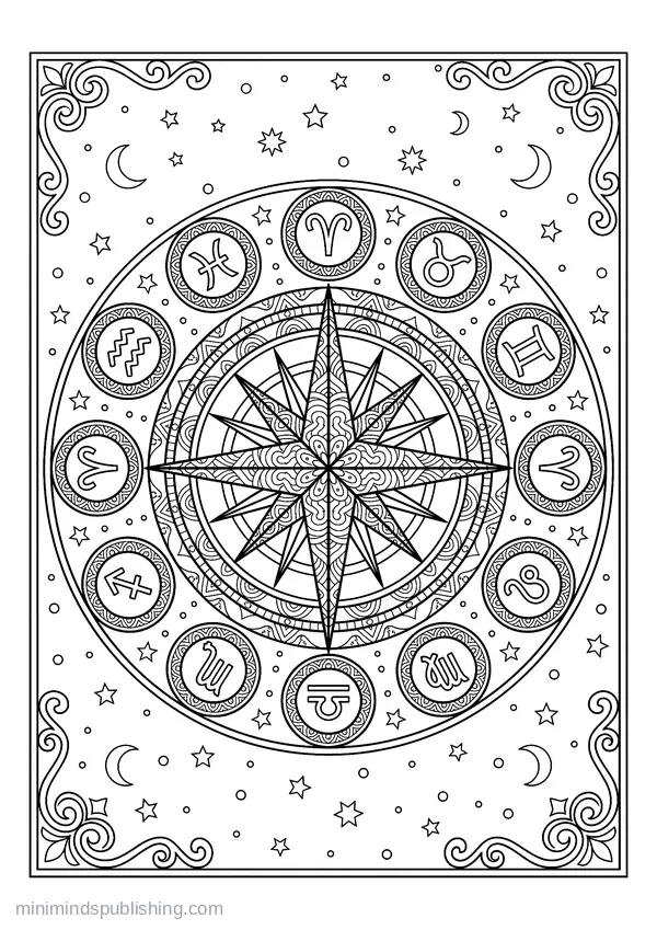Compass Rose Ringed with the Twelve Zodiac Symbols — free printable coloring page
