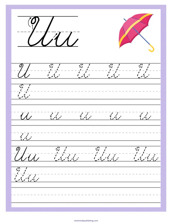 Cursive Alphabet Trace & Write 21 — free printable cursive alphabet trace & write activity sheet for ages 5-7