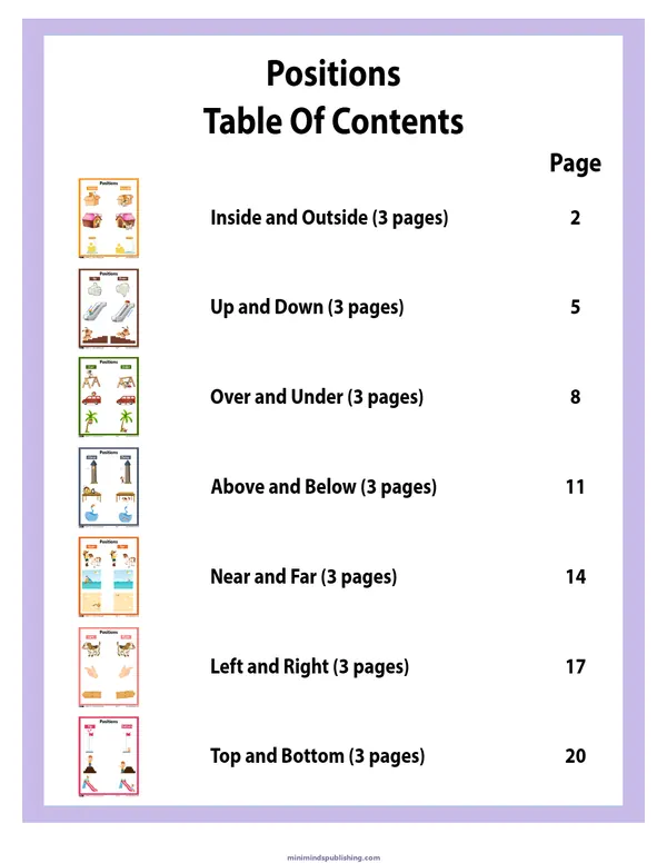Positions 1 — free printable positions activity sheet for ages 3-6