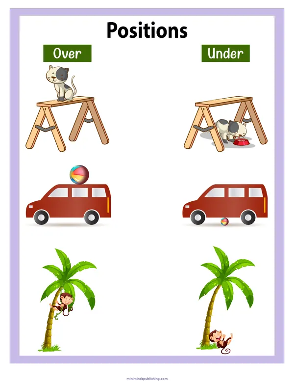Positions 8 — free printable positions activity sheet for ages 3-6