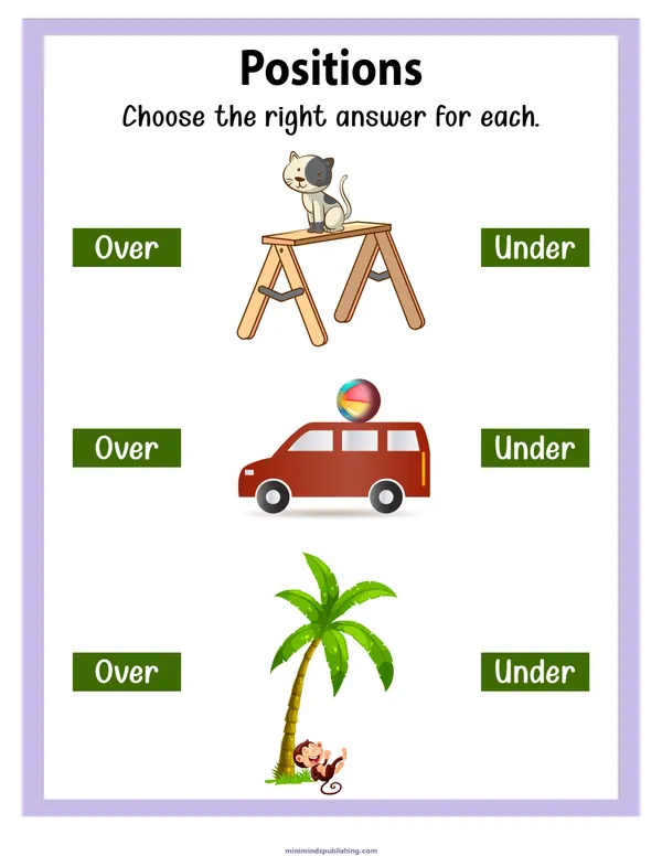 Positions 9 — free printable positions activity sheet for ages 3-6