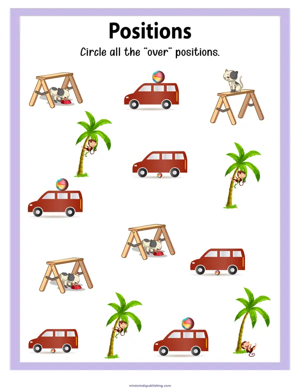 Positions 10 — free printable positions activity sheet for ages 3-6