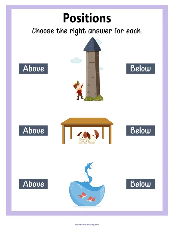 Positions 12 — free printable positions activity sheet for ages 3-6