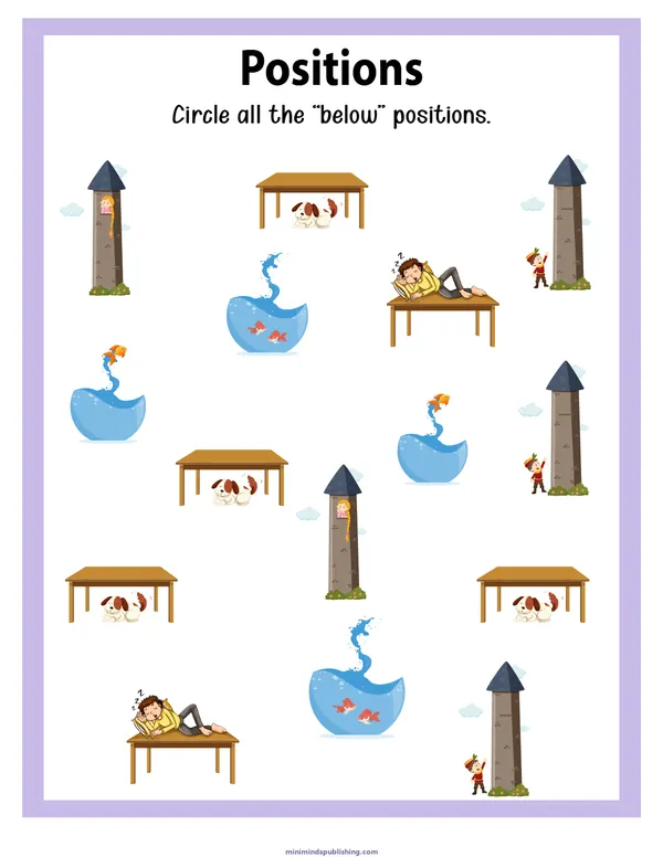 Positions 13 — free printable positions activity sheet for ages 3-6