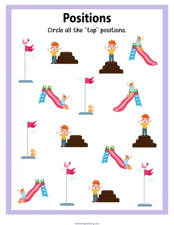 Positions 22 — free printable positions activity sheet for ages 3-6