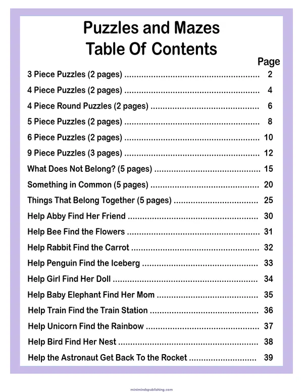 Puzzles and Mazes 1 — free printable puzzles and mazes activity sheet for ages 3-6