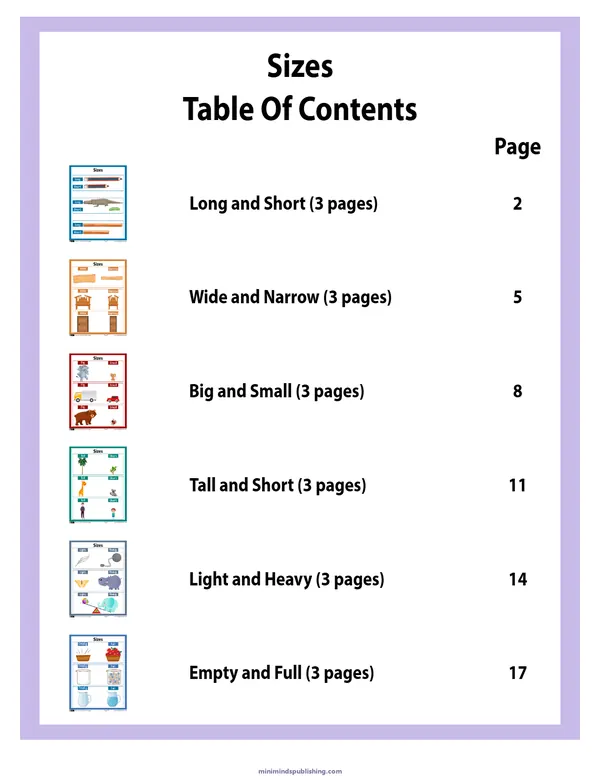 Sizes 1 — free printable sizes activity sheet for ages 3-6
