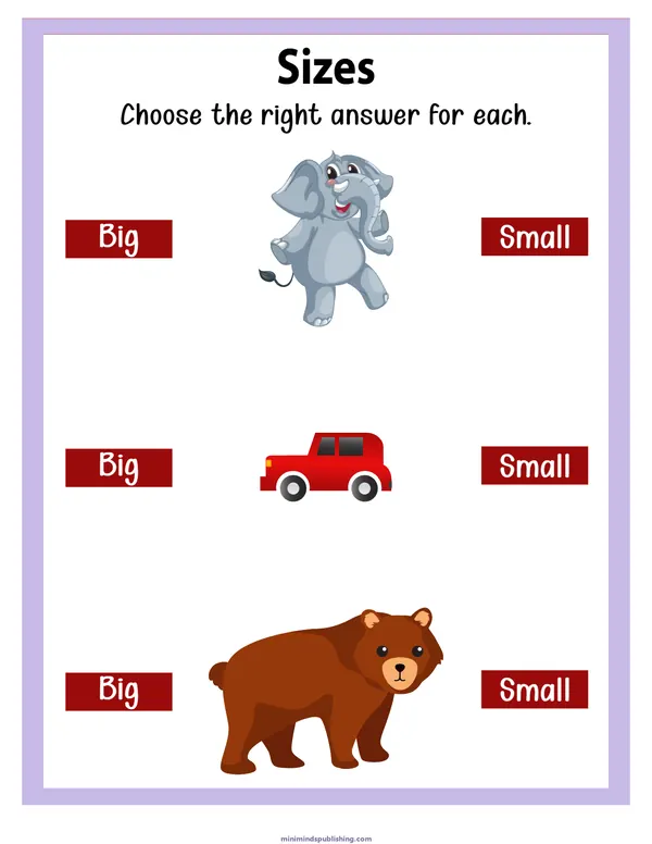 Sizes 9 — free printable sizes activity sheet for ages 3-6