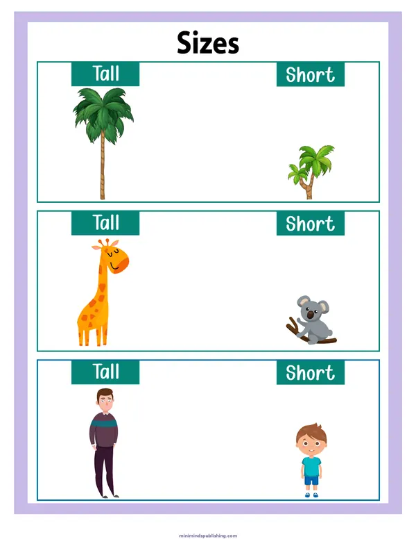 Sizes 11 — free printable sizes activity sheet for ages 3-6