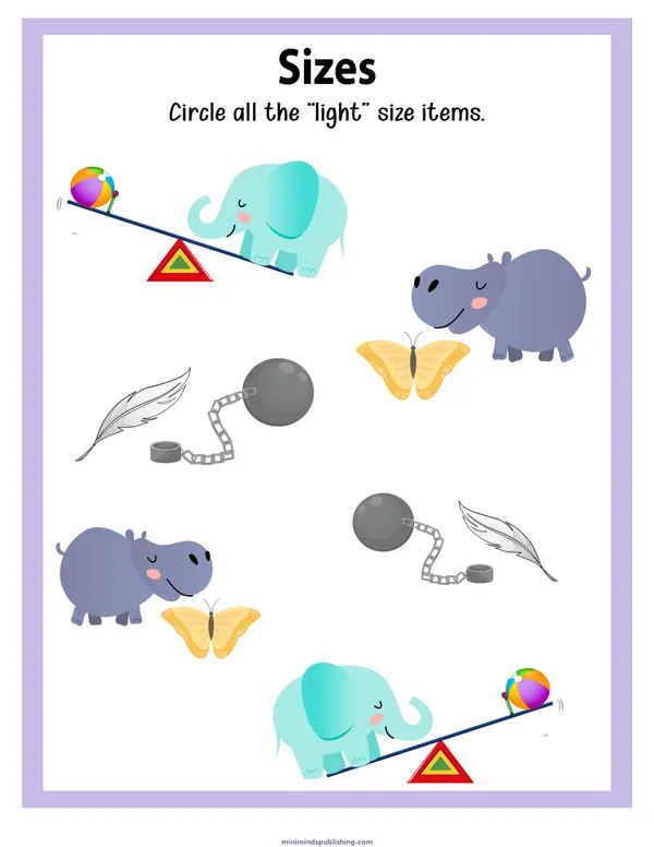 Sizes 16 — free printable sizes activity sheet for ages 3-6