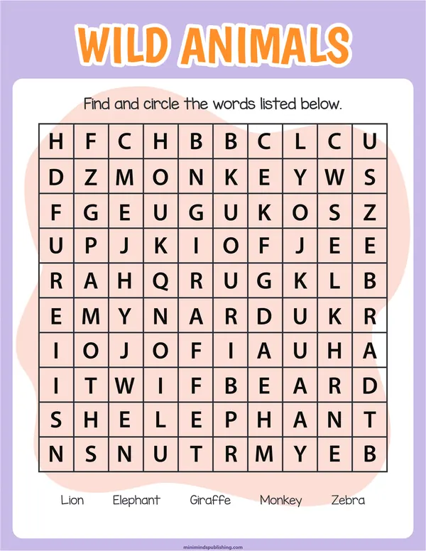 Word Search 12 — free printable word search activity sheet for ages 5-7