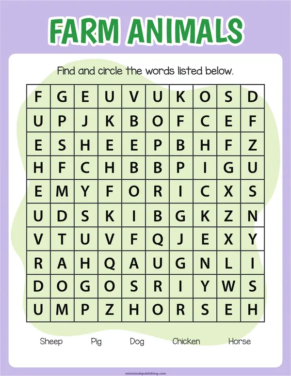 Word Search 15 — free printable word search activity sheet for ages 5-7