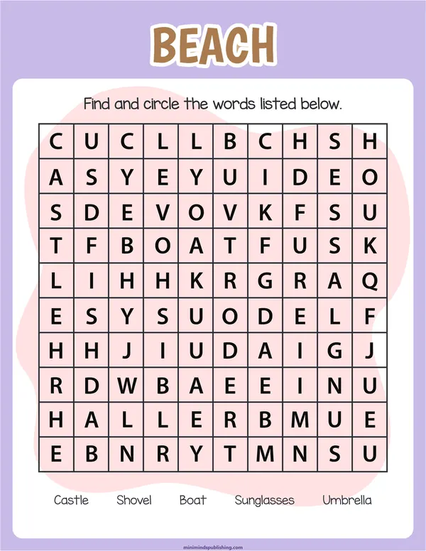 Word Search 16 — free printable word search activity sheet for ages 5-7