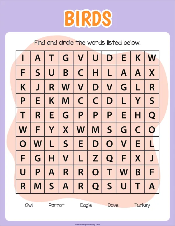 Word Search 18 — free printable word search activity sheet for ages 5-7