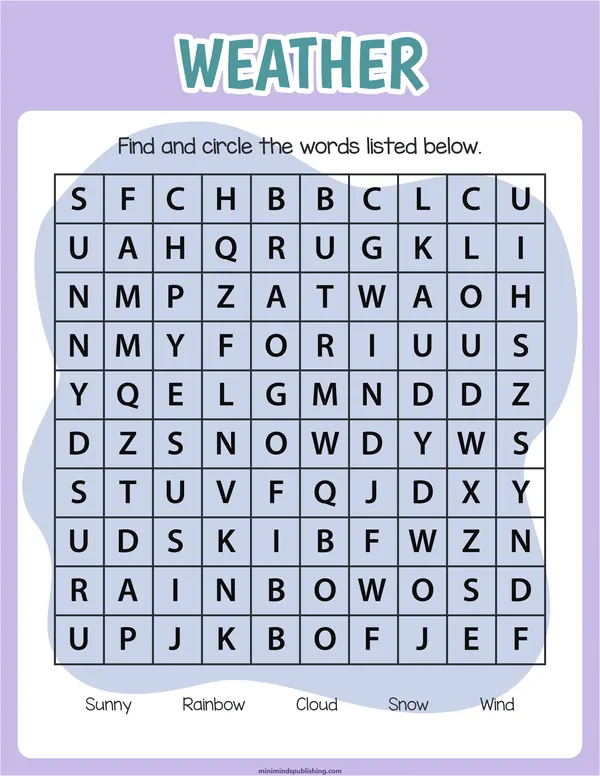 Word Search 20 — free printable word search activity sheet for ages 5-7