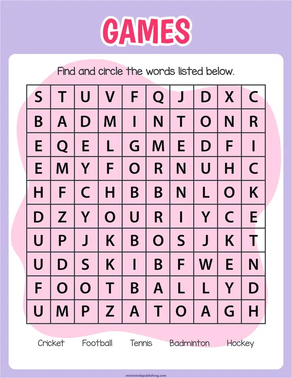 Word Search 23 — free printable word search activity sheet for ages 5-7