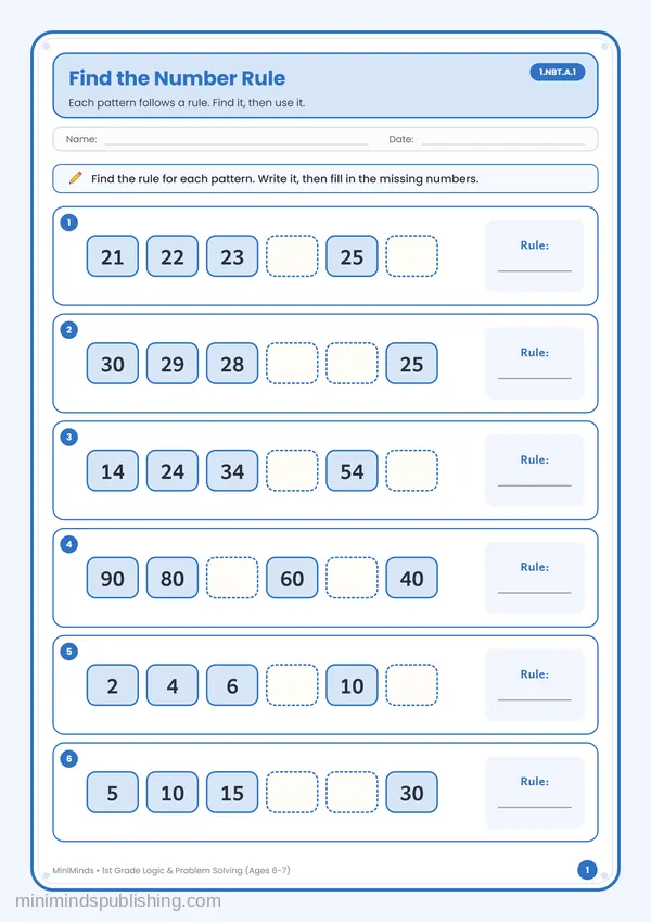 Find the Number Rule — free printable 1st Grade worksheet