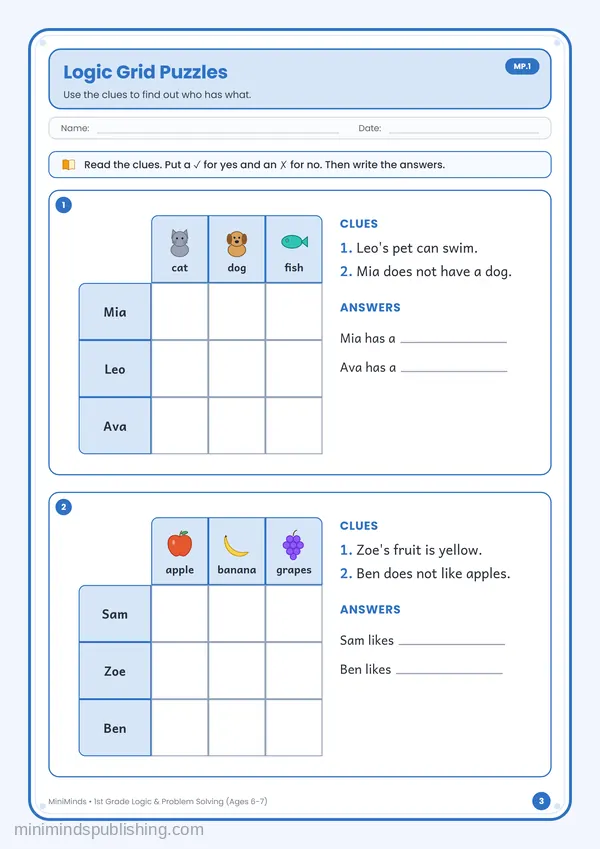 Logic Grid Puzzles — free printable 1st Grade worksheet