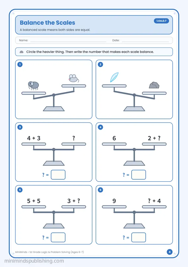 Balance the Scales — free printable 1st Grade worksheet