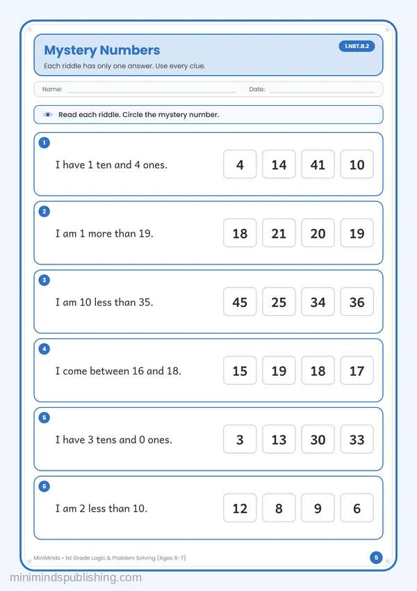Mystery Numbers — free printable 1st Grade worksheet