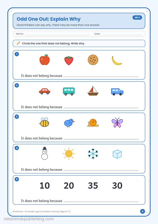 Odd One Out: Explain Why — free printable 1st Grade worksheet