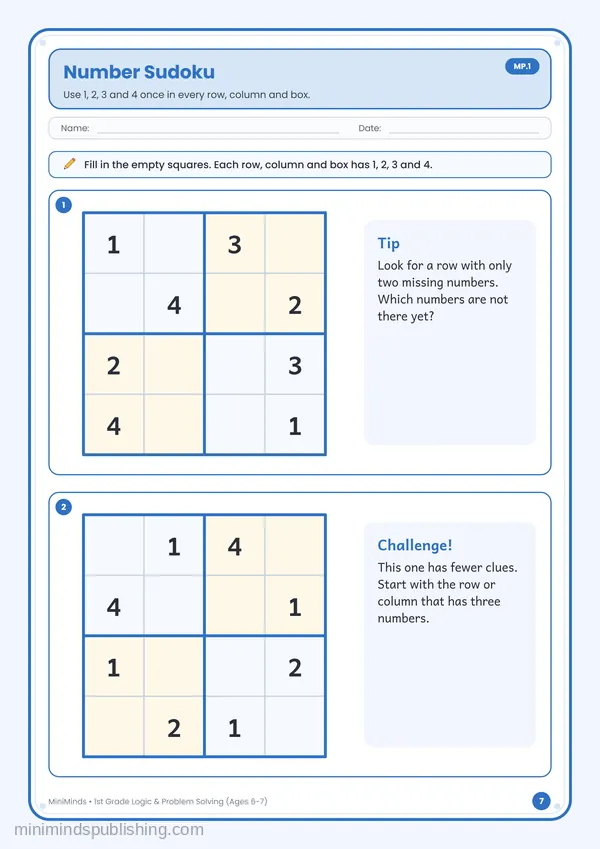 Number Sudoku — free printable 1st Grade worksheet