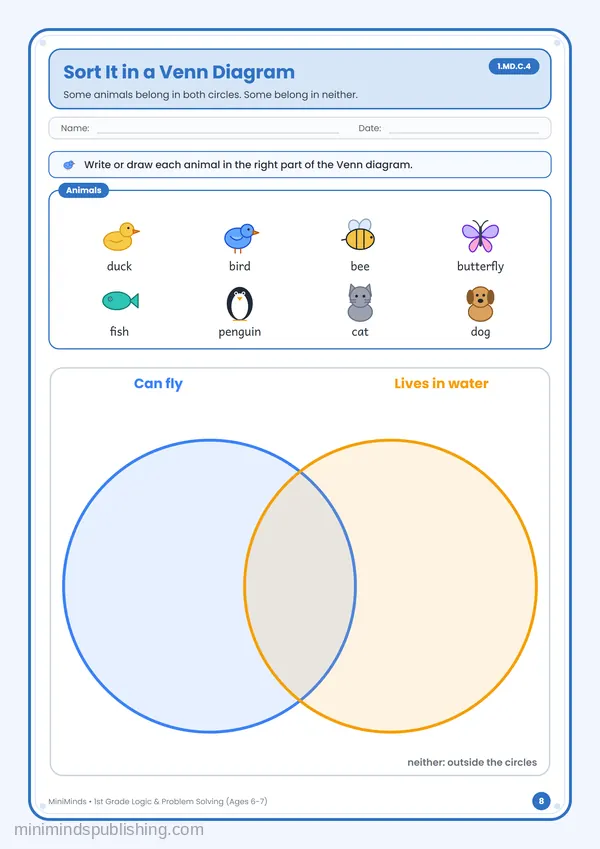 Sort It in a Venn Diagram — free printable 1st Grade worksheet