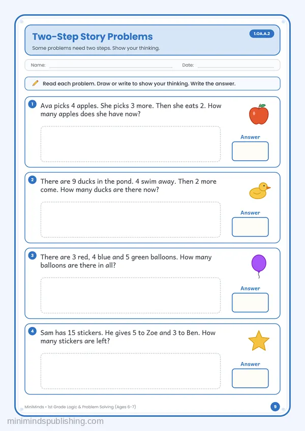 Two-Step Story Problems — free printable 1st Grade worksheet