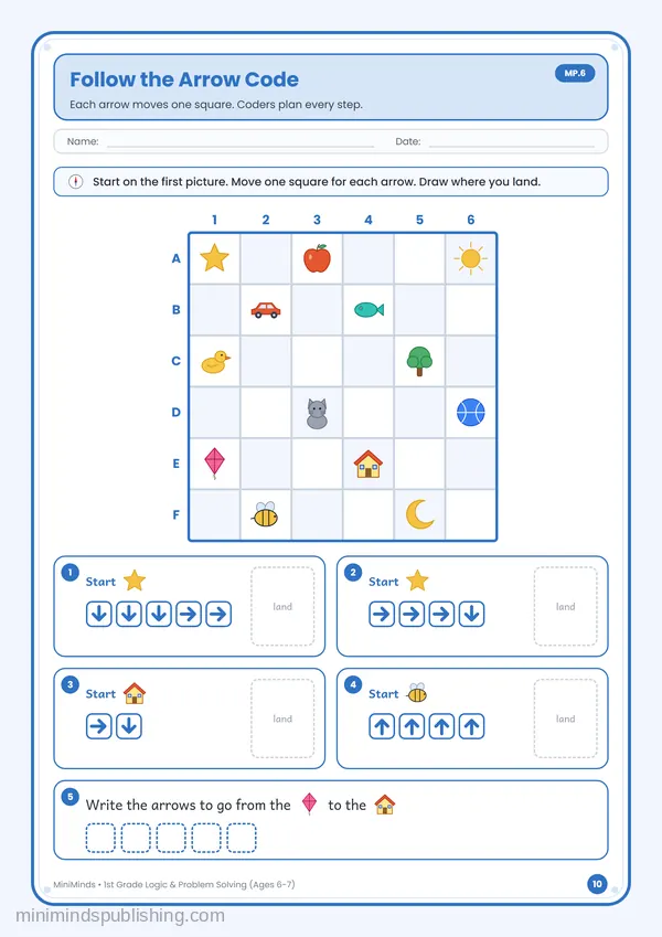 Follow the Arrow Code — free printable 1st Grade worksheet