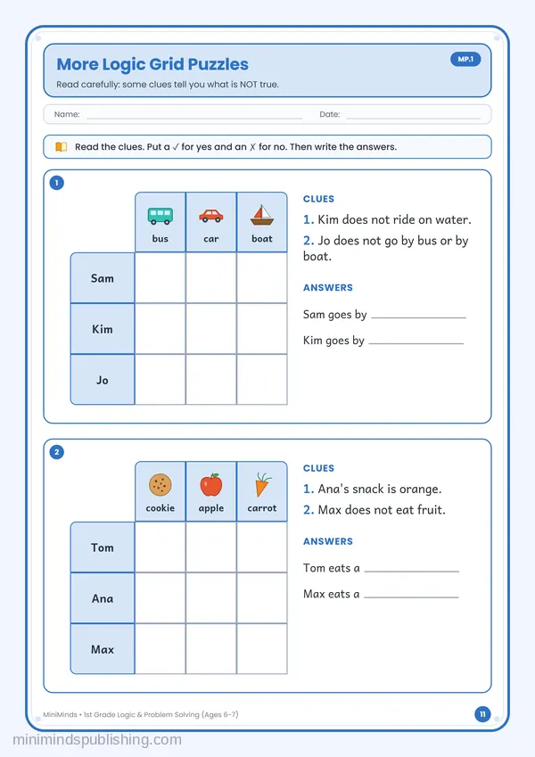 More Logic Grid Puzzles — free printable 1st Grade worksheet