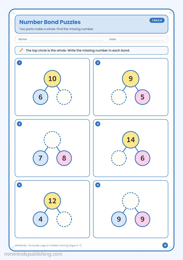 Number Bond Puzzles — free printable 1st Grade worksheet