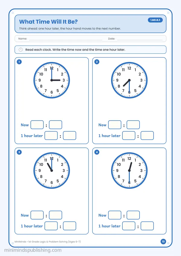What Time Will It Be? — free printable 1st Grade worksheet