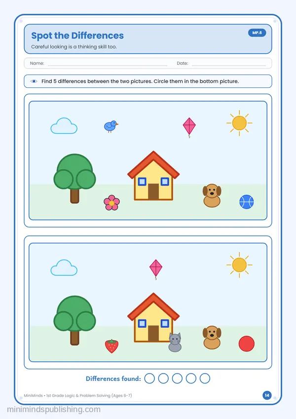 Spot the Differences — free printable 1st Grade worksheet