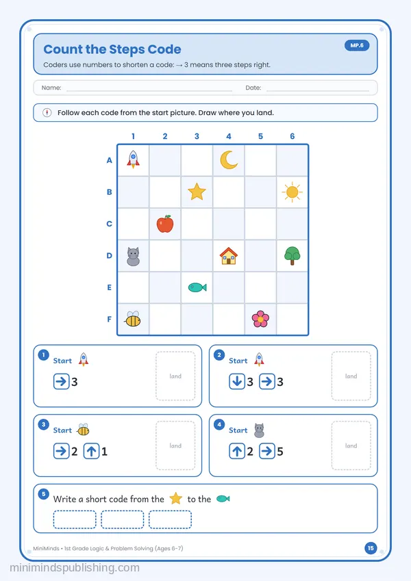Count the Steps Code — free printable 1st Grade worksheet