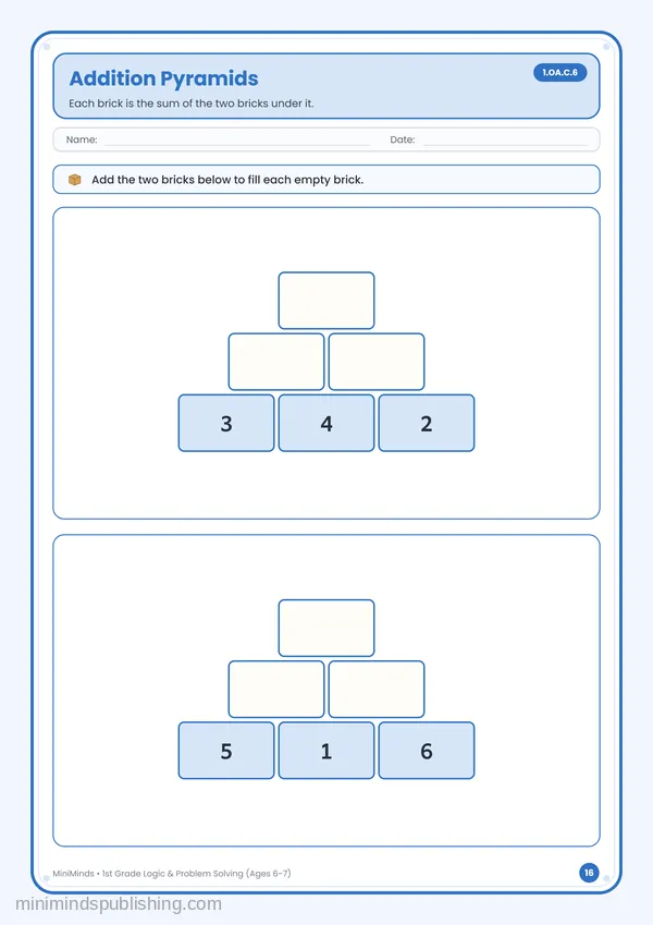 Addition Pyramids — free printable 1st Grade worksheet