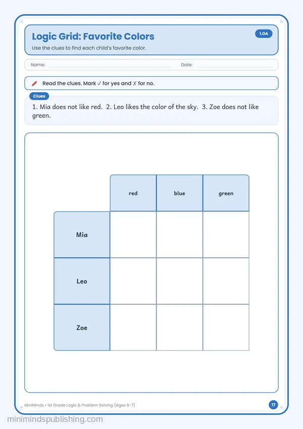 Logic Grid: Favorite Colors — free printable 1st Grade worksheet