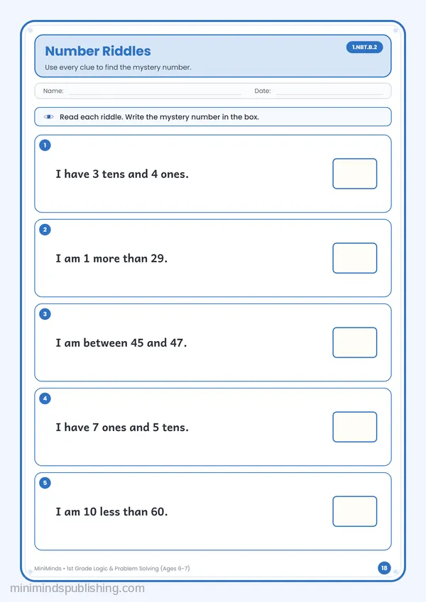 Number Riddles — free printable 1st Grade worksheet