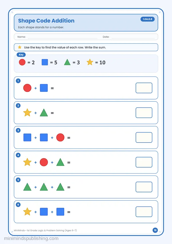 Shape Code Addition — free printable 1st Grade worksheet