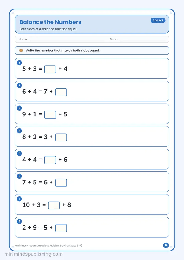 Balance the Numbers — free printable 1st Grade worksheet