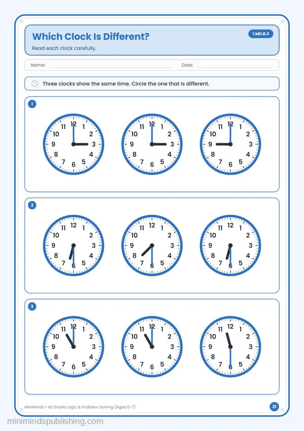 Which Clock Is Different? — free printable 1st Grade worksheet
