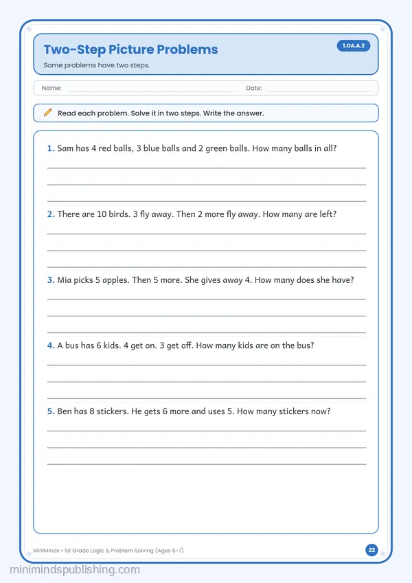 Two-Step Picture Problems — free printable 1st Grade worksheet