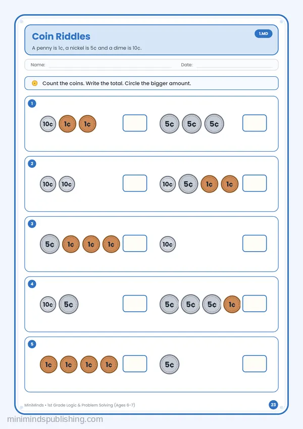 Coin Riddles — free printable 1st Grade worksheet