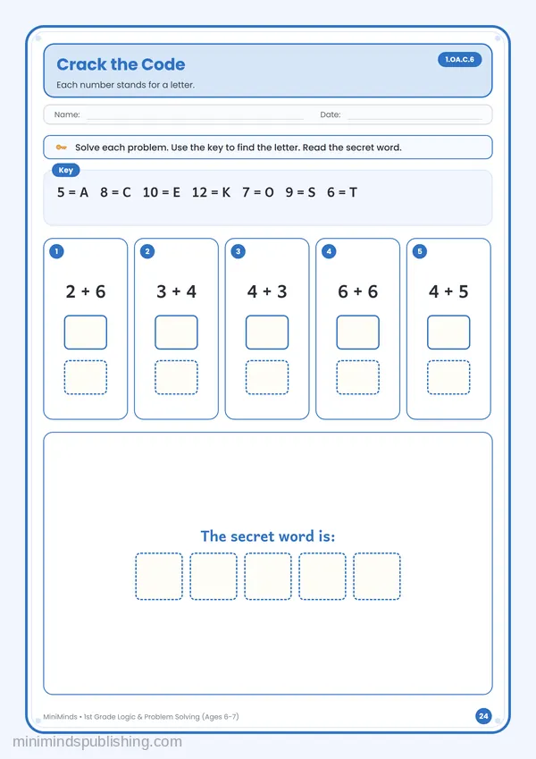 Crack the Code — free printable 1st Grade worksheet