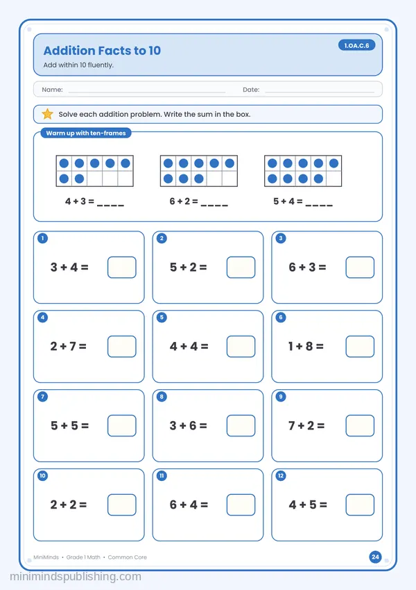 Addition Facts to 10 — free printable 1st Grade math worksheet for ages 6-7 (Common Core 1.OA.C.6)